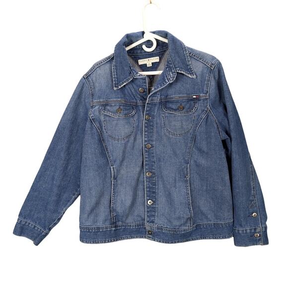 Tommy Hilfiger Jean Jacket Womens 1X Plus Denim Coat Y2K Preppy Vintage READ - Picture 1 of 11